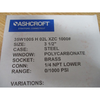 Ashcroft 35W1005 H 02L XZC 1000 Pressure Gauge