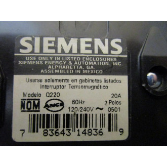 Siemens Q220 Circuit Breaker 20A 2 Pole - Used