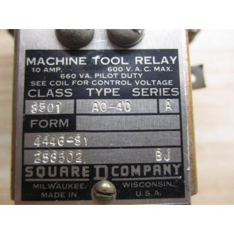 Square D 8501-AO-40 Relay 8501-A0-40 Ser B, 120V110V Coil - Used