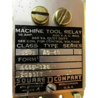 Square D 8501-AO-40 Relay 8501-A0-40 Ser B, 120V110V Coil - Used