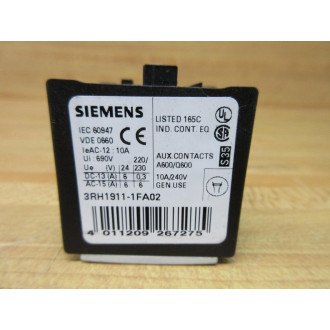 Siemens 3RH1911-1FA02 Auxiliary Contact Block 3RH19111FA02 - Used