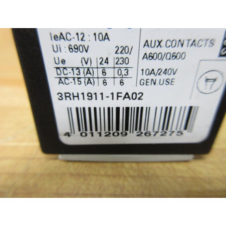 Siemens 3RH1911-1FA02 Auxiliary Contact Block 3RH19111FA02 - Used