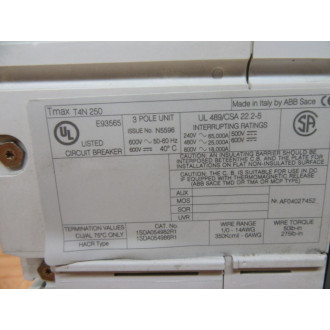 ABB Sace TMAX T4N 250 Circuit Breaker PR221DS W Face Plate Cracked Housing - Used