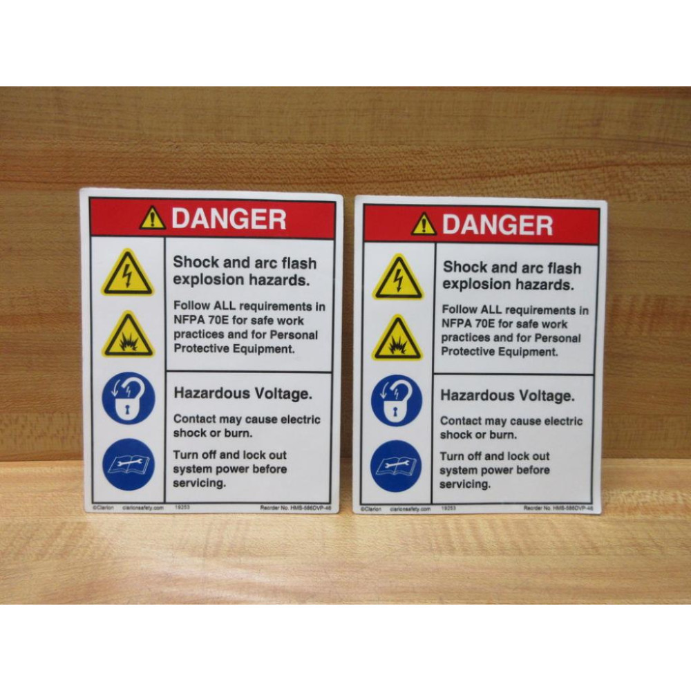 Clarion Safety HMS-586DVP-46 DANGER Shock and arc Sign (Pack of 2) - New No Box