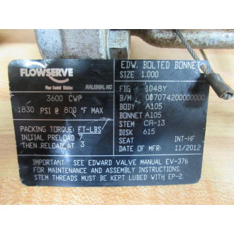 Flowserve 1048Y Gate Valve - New No Box