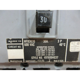 Westinghouse HFB3030 Circuit Breaker - Used