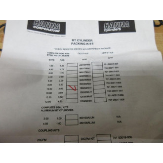 Hanna 701-00017-006 RT Cylinder Seal Kit 100250RHT - New No Box