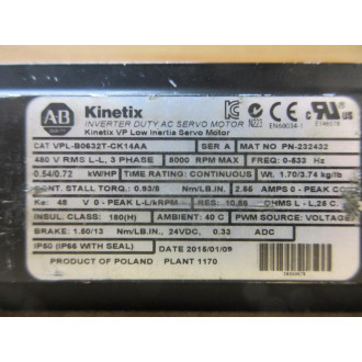 Allen Bradley VPL-B0632T-CK14AA Servo Motor VPLB0632TCK14AA - Used