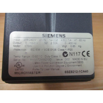 Siemens 6SE9212-1CA40 Micromaster Drive 6SE92121CA40 - Used