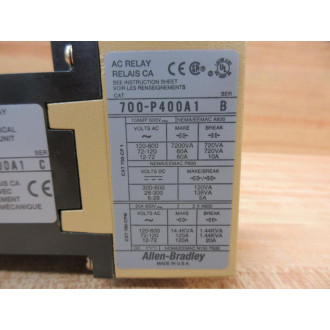 Allen Bradley 700-P400A1 Starter Relay 700P400A1 Ser B W700-PLLA1 & 700-PL400A1