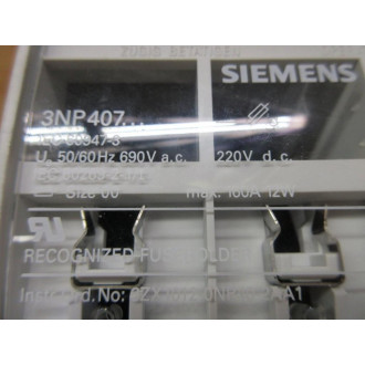 Siemens 3NP407 Recognized Fuse Holder Size 00 - New No Box