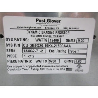 Post Glover CU-DB9D20-19K4-21800AAA Braking Resistor CUDB9D2019K421800AAA - New No Box