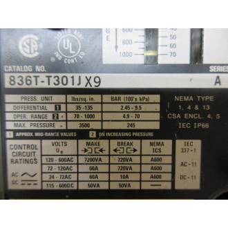 Allen Bradley 836T-T301JX9 Pressure Switch 836TT301JX9 - Used