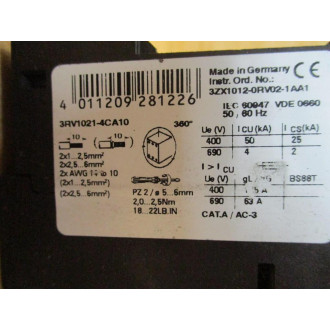 Siemens 3RV1021-4CA10 Circuit Breaker 3RV10214CA10 W 3RV1901-1E - Used