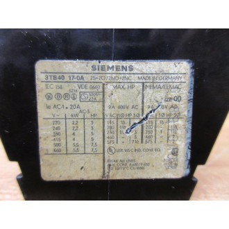 Siemens 3TB40-17-0A-22E Contactor 3TB40170A22E - Used