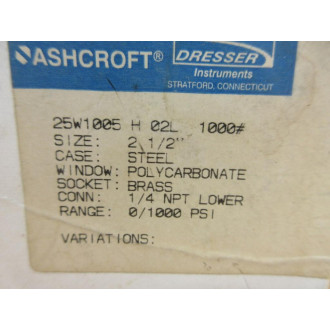 Ashcroft 25W1005 H 02L 1000 Gauge 25W1005H02L1000