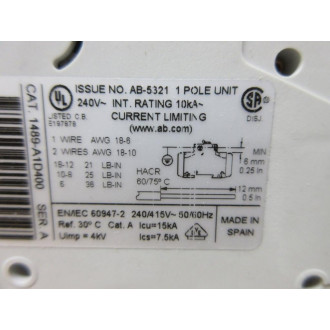 Allen Bradley 1489-A1D400 Circuit Breaker 1489A1D400 Series A