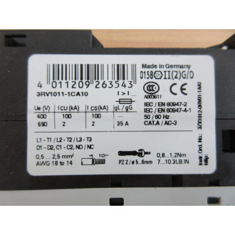 Siemens 3RV1011-1CA10 Circuit Breaker 3RV10111CA10 - Used
