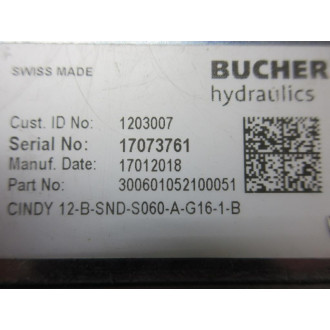 Bucher Hydraulics CINDY 12-B-SND-S060-A-G16-1-B Brake Valve CINDY12BSNDS060AG161B - Used