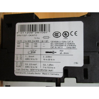 Siemens 3RV1021-0KA10 Circuit Breaker 3RV10210KA10 W 3RV1901-1E - Used