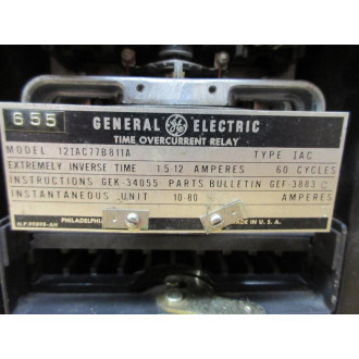 General Electric 12IAC77B811A Time Overcurrent Relay Missing Cover - Used