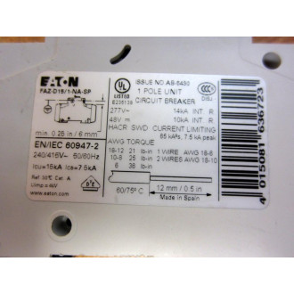 Eaton FAZ-D151-NA-SP Cutler Hammer 15A Breaker FAZ-D151-NA - New No Box