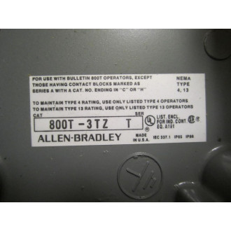 Allen Bradley 800T-3TZ Enclosure 800T3TZ Series T - New No Box