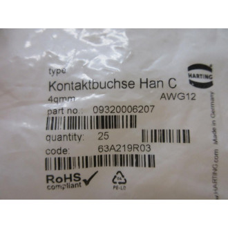Harting 0932-000-6207 Female Contact Han C 09320006207 (Pack of 25)