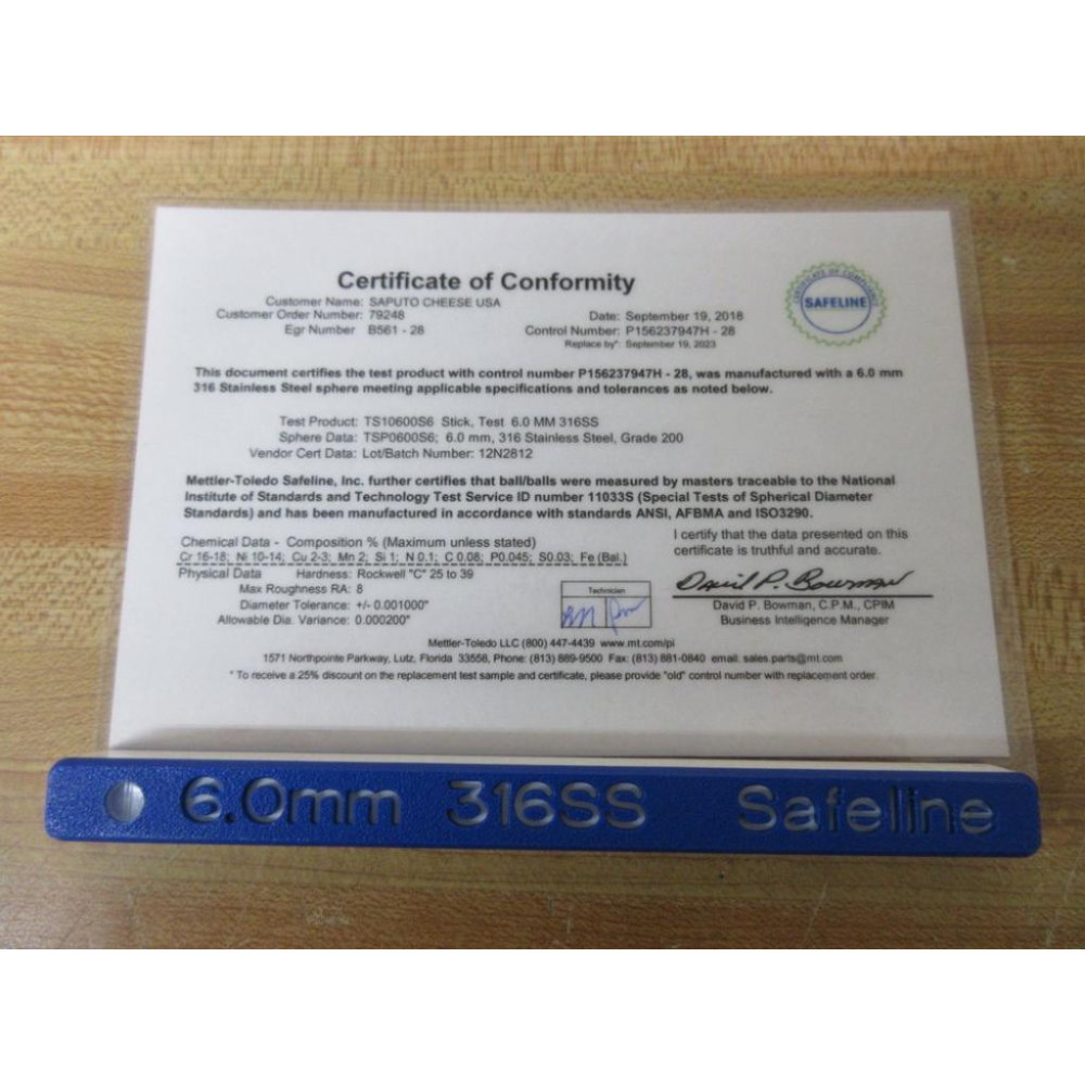Mettler Toledo TS10600316SS Safeline Metal Detector Stick TS1 6.0MM 316SS - New No Box