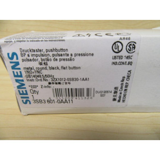 Siemens 3SB3 601-0AA11 Black 3SB36010AA11 wBase,Clip & 3SB3400-0A
