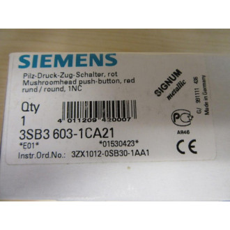 Siemens 3SB3 603-1CA21 wSticker 3SB36031CA21 w3SB3400-0C & Base,Clip