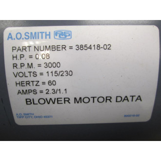 A.O. Smith 8-39220304-01 AC Motor w Blower Motor 385418-02 - New No Box