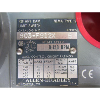 Allen Bradley 803-F912X Rotary Cam Limit Switch 803F912X Missing End Pieces - Used