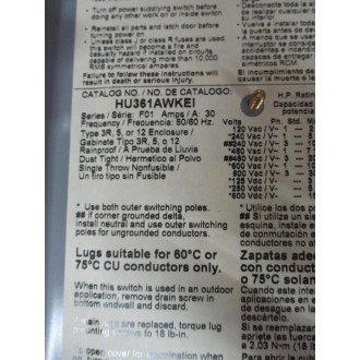 Square D HU361AWKEI Disconnect Switch WO Handle 4056684150K - Used