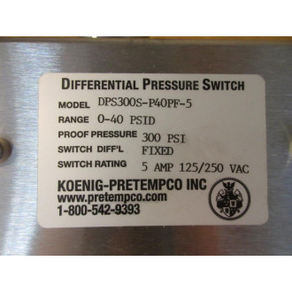 Koenig Pretempco DPS300S-P40PF-5 Differential Pressure Switch - New No Box