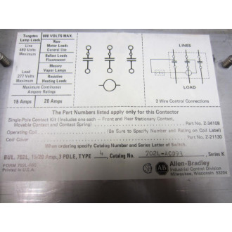 Allen Bradley 702L-ACD93 AC Lighting Contactor Series K