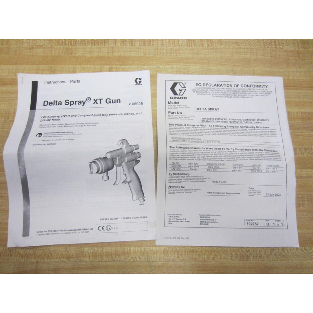 Graco 310692E Delta Spray XT Gun Instructions Parts Manual W 192757 Rev D - Used