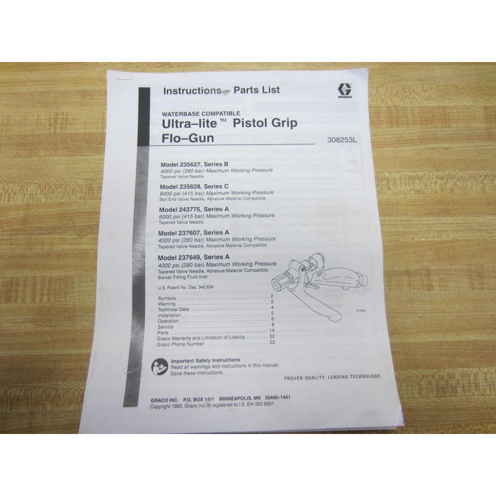 Graco 308253L Ultra-Lite Pistol Grip Flo-Gun Instruction Parts Manual - Used