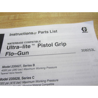 Graco 308253L Ultra-Lite Pistol Grip Flo-Gun Instruction Parts Manual - Used