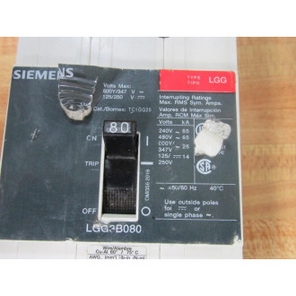 Siemens LGG3B080 80A Circuit Breaker LGG3B080L - Used