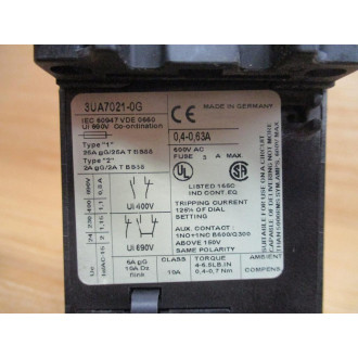 Siemens 3UA7021-0G Overload Relay 3UA70210G - Used