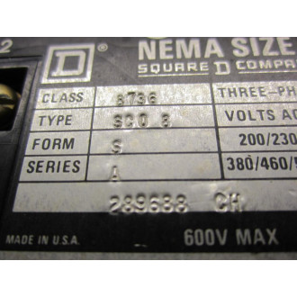 Square D 8736SCO8S Starter 8736-SC08S WO Top WiresReset Button - Used