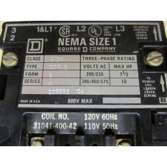 Square D 8736SCO8S Starter 8736-SC08S WO Top WiresReset Button - Used