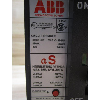 ABB ES-320 Circuit Breaker Type: ES 20A 3 Pole 480VAC NE-2507 - Used