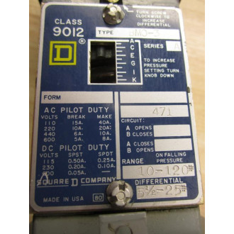 Square D 9012-BMO-3 Pressure Switch 9012-BM0-3 - Used