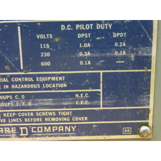 Square D 9012-ADR-25 Pressure Switch 9012ADR25 - Used