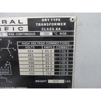 FPE 27484-022 Transformer 75KVA Continuous HV-480 LV-208 Y120 Tested - Used