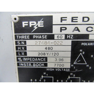 FPE 27484-022 Transformer 75KVA Continuous HV-480 LV-208 Y120 Tested - Used