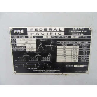 FPE 27484-022 Transformer 75KVA Continuous HV-480 LV-208 Y120 Tested - Used