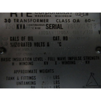 RTE 863V12K5R Transformer 853V12K5R 750KVA 4800 X 13200 480Y277 - Used